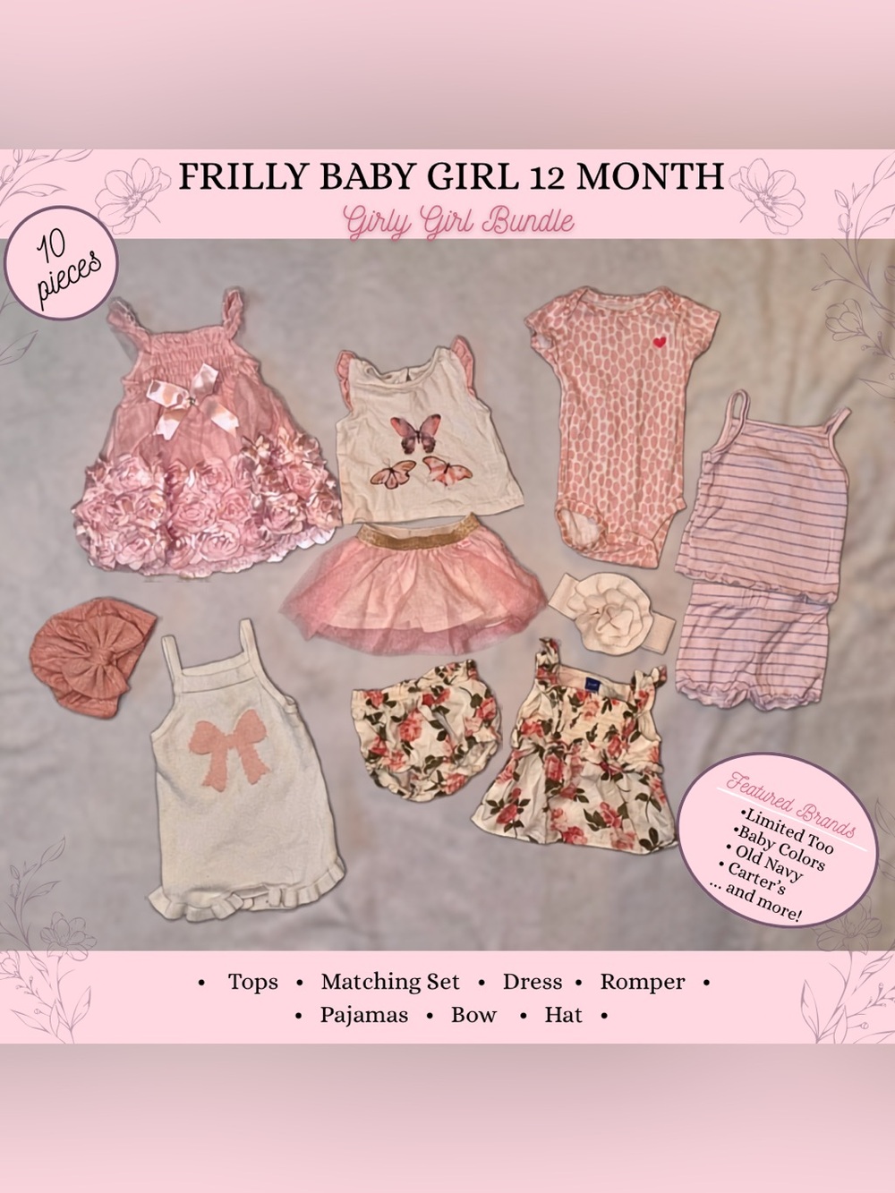 Frilly Pink Floral Baby Girl Clothing Bundle - 12 Months